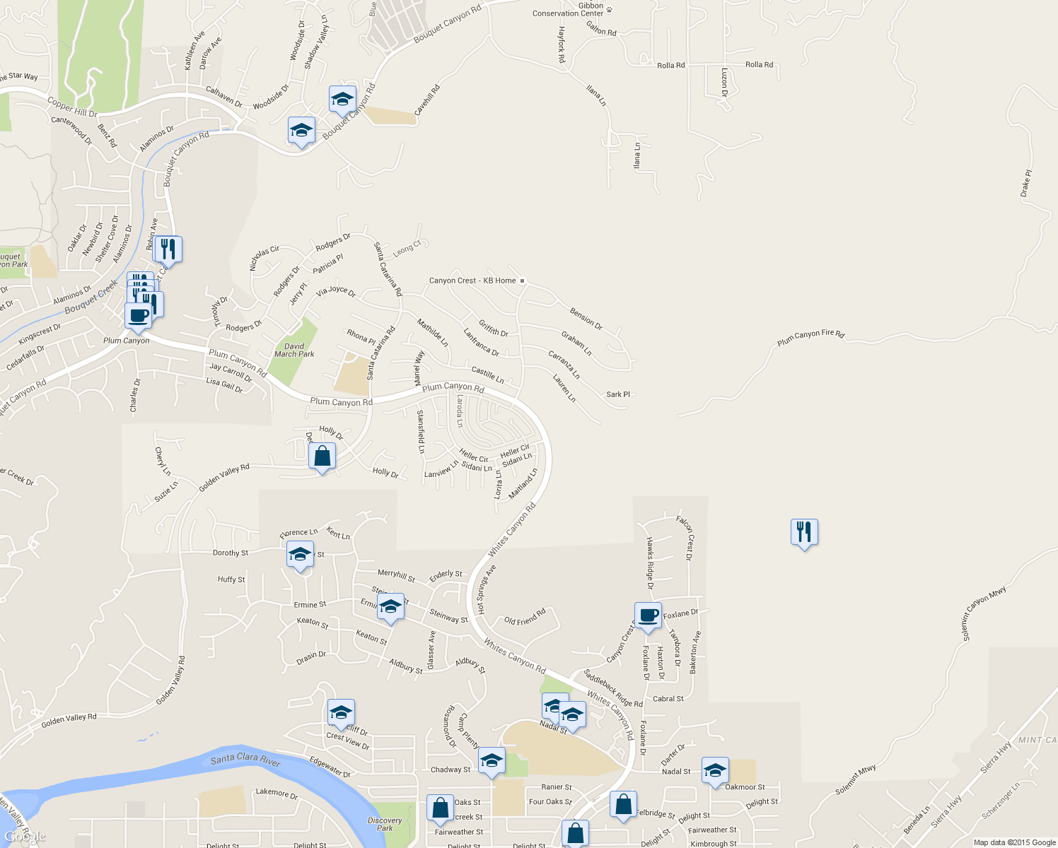 map of restaurants, bars, coffee shops, grocery stores, and more near 19308 Laroda Lane in Santa Clarita