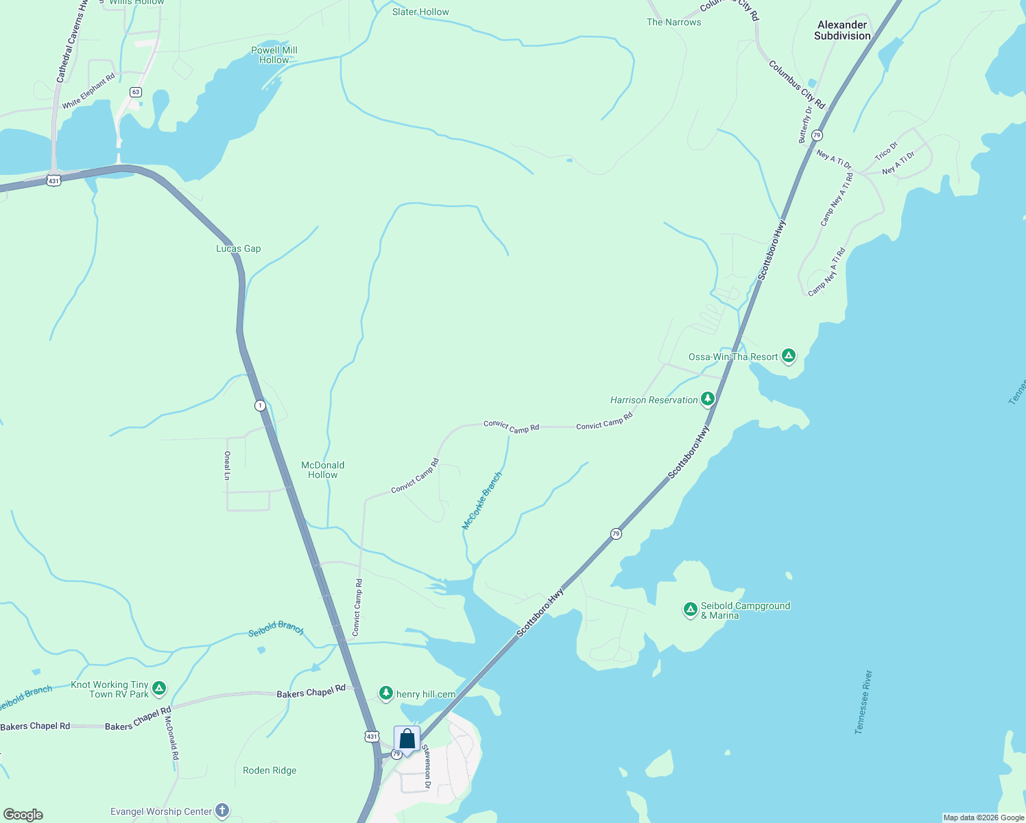 map of restaurants, bars, coffee shops, grocery stores, and more near 1040 Convict Camp Road in Guntersville