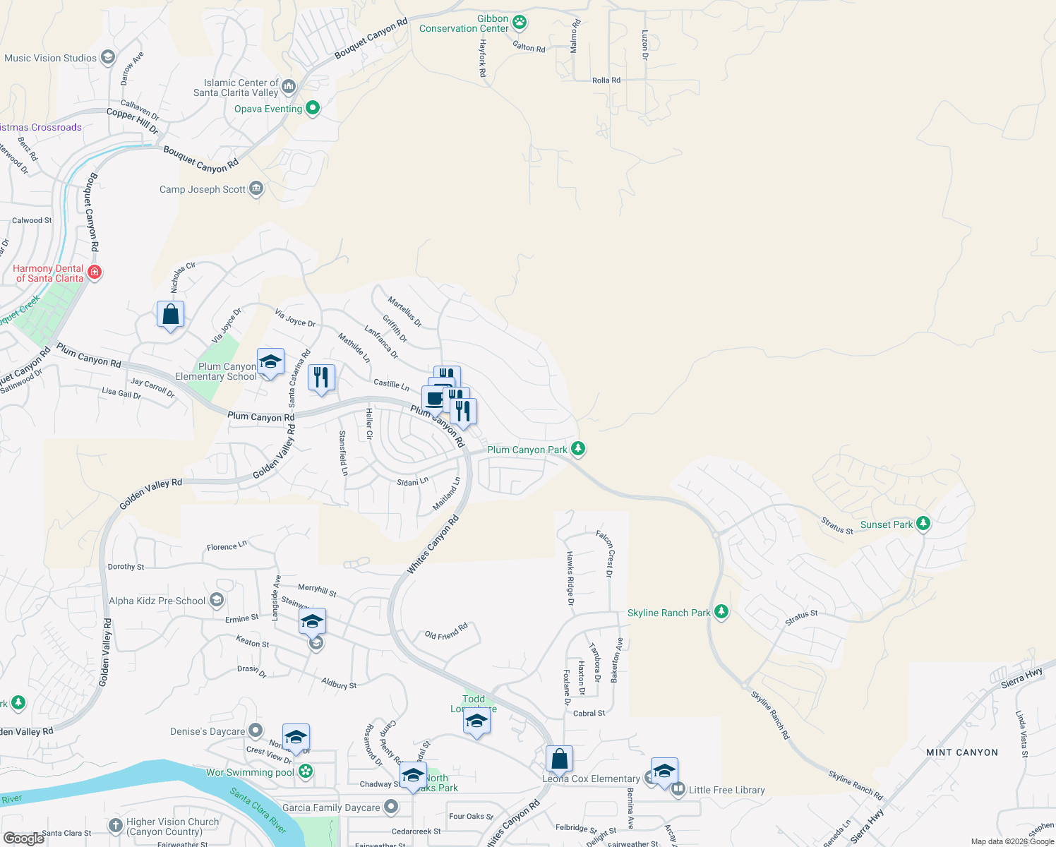 map of restaurants, bars, coffee shops, grocery stores, and more near 19032 Carranza Lane in Santa Clarita