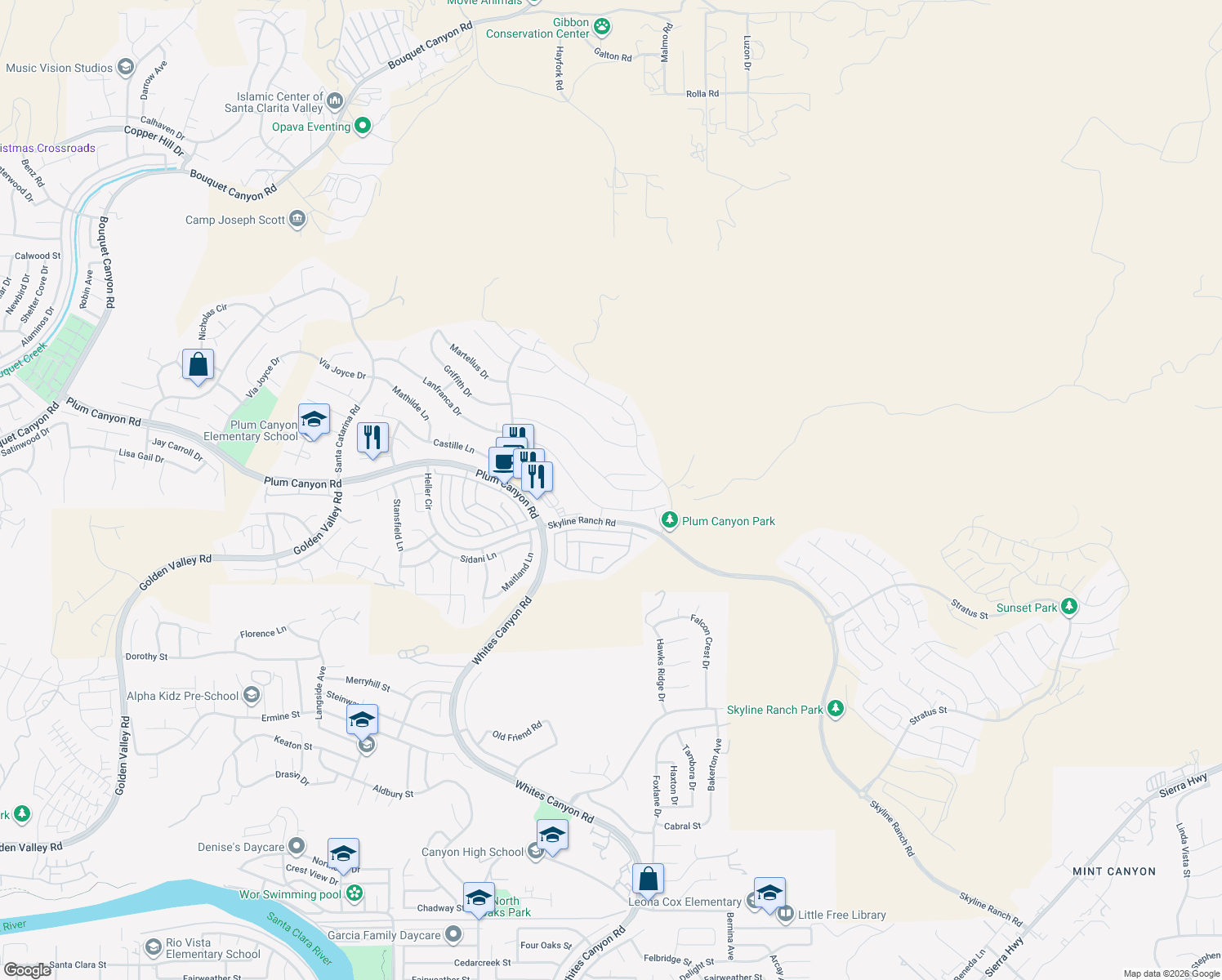 map of restaurants, bars, coffee shops, grocery stores, and more near 19032 Carranza Lane in Santa Clarita
