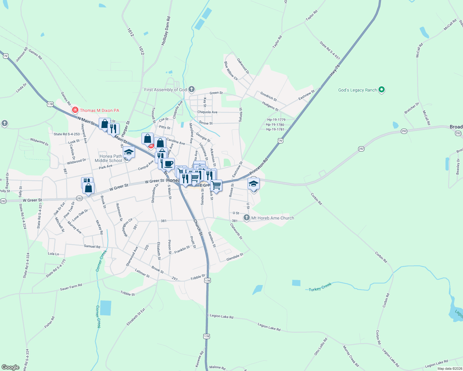 map of restaurants, bars, coffee shops, grocery stores, and more near 526 East Greer Street in Honea Path
