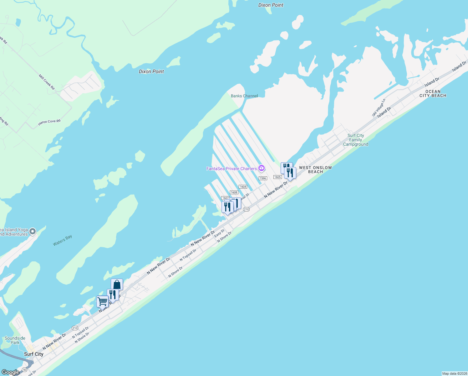 map of restaurants, bars, coffee shops, grocery stores, and more near 3034 3rd Street in Surf City