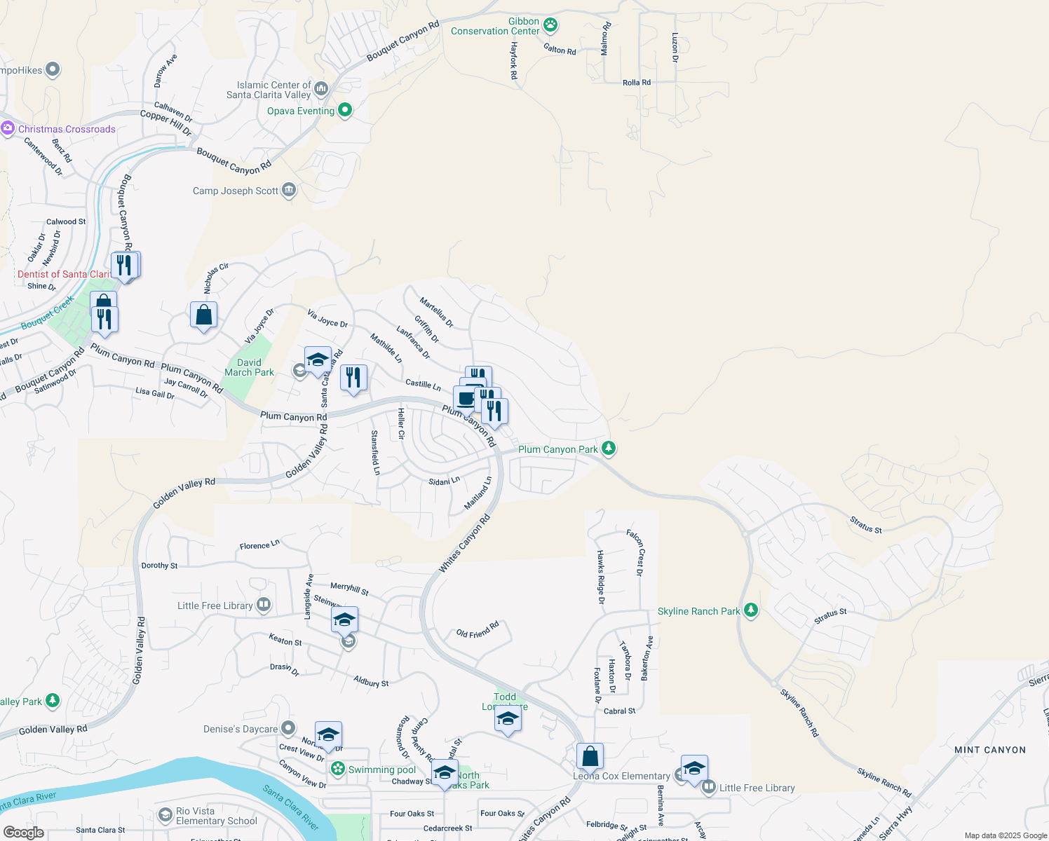 map of restaurants, bars, coffee shops, grocery stores, and more near 19162 Lauren Lane in Santa Clarita