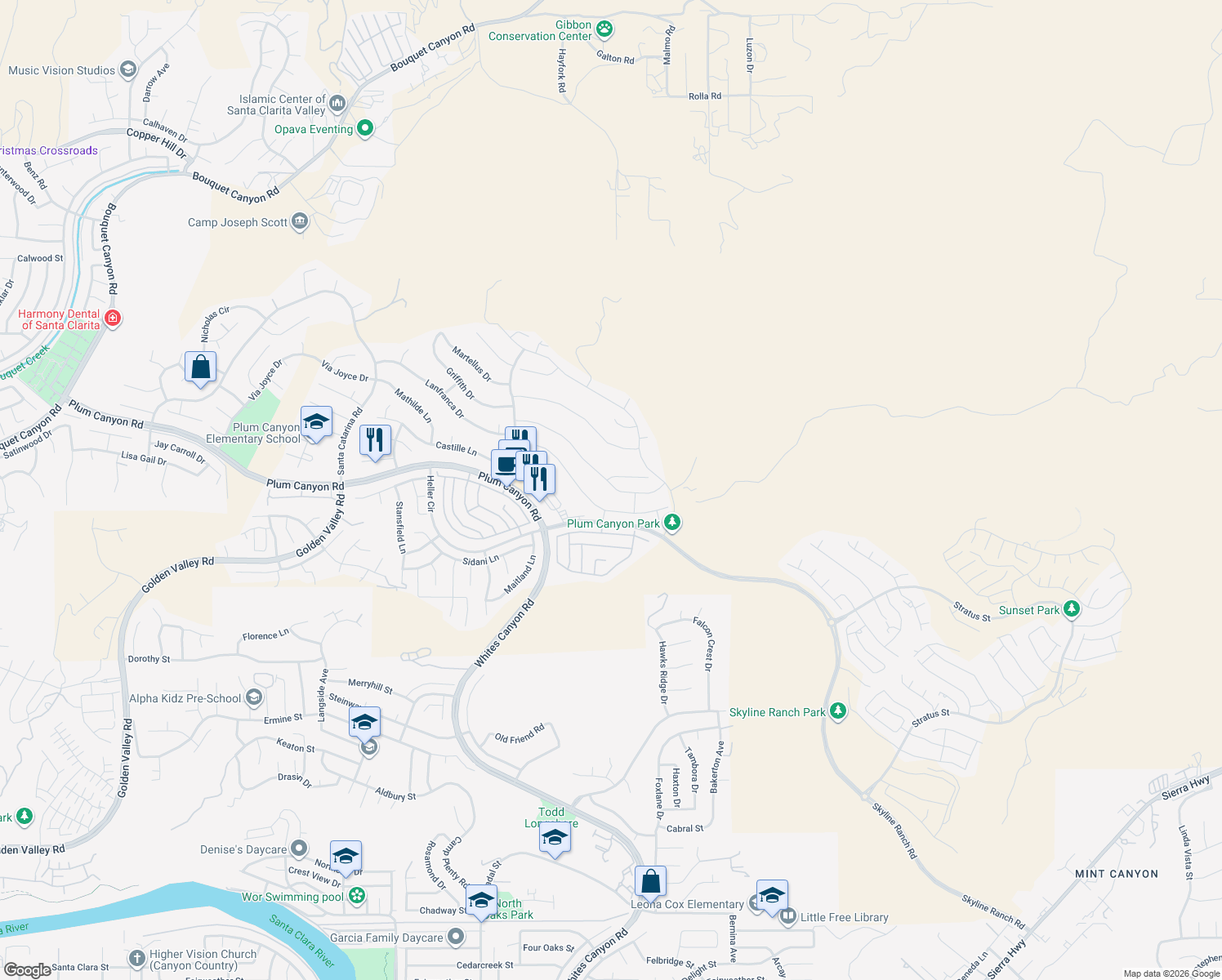 map of restaurants, bars, coffee shops, grocery stores, and more near 19038 Carranza Lane in Santa Clarita
