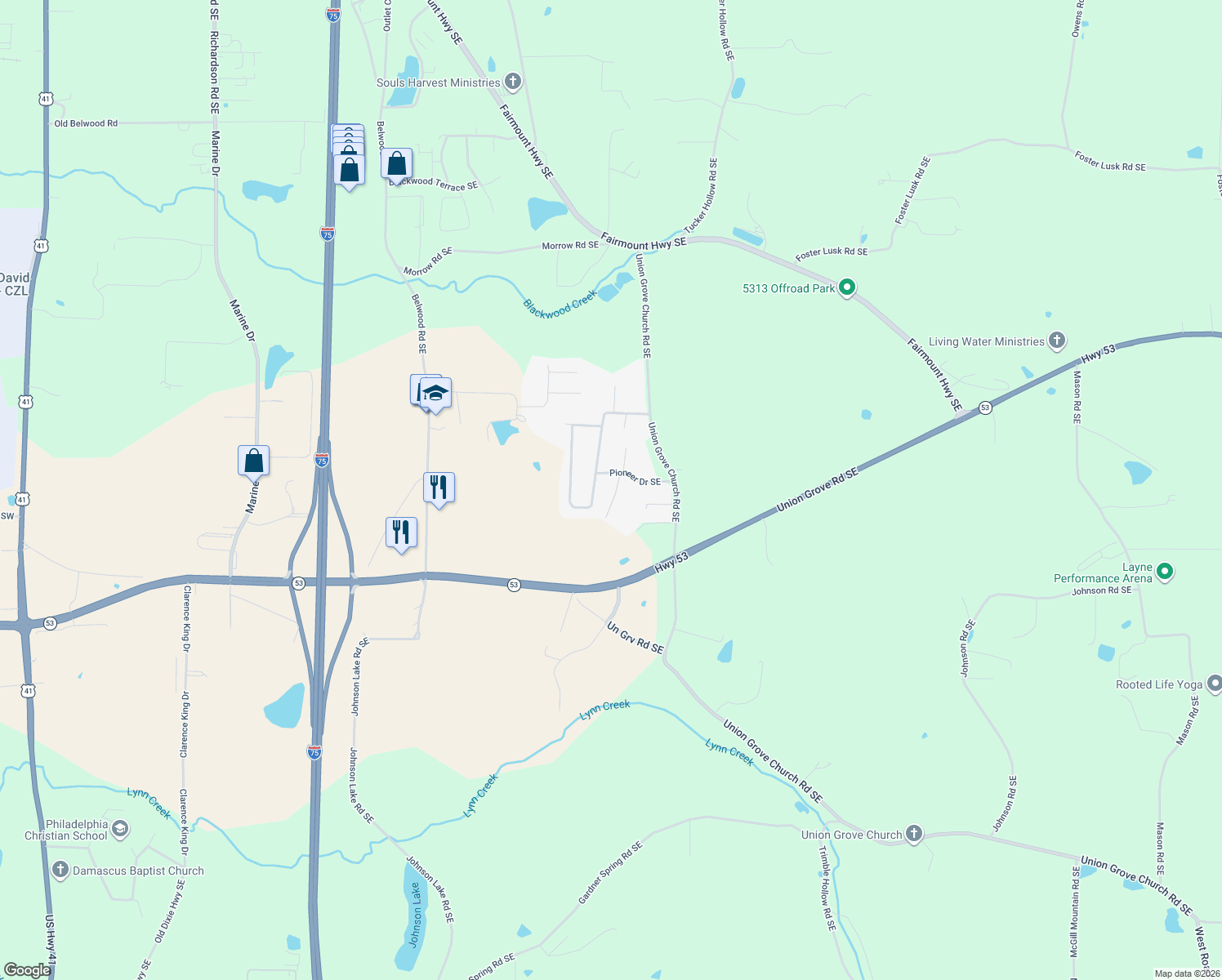 map of restaurants, bars, coffee shops, grocery stores, and more near 127 Lois Street Southeast in Calhoun