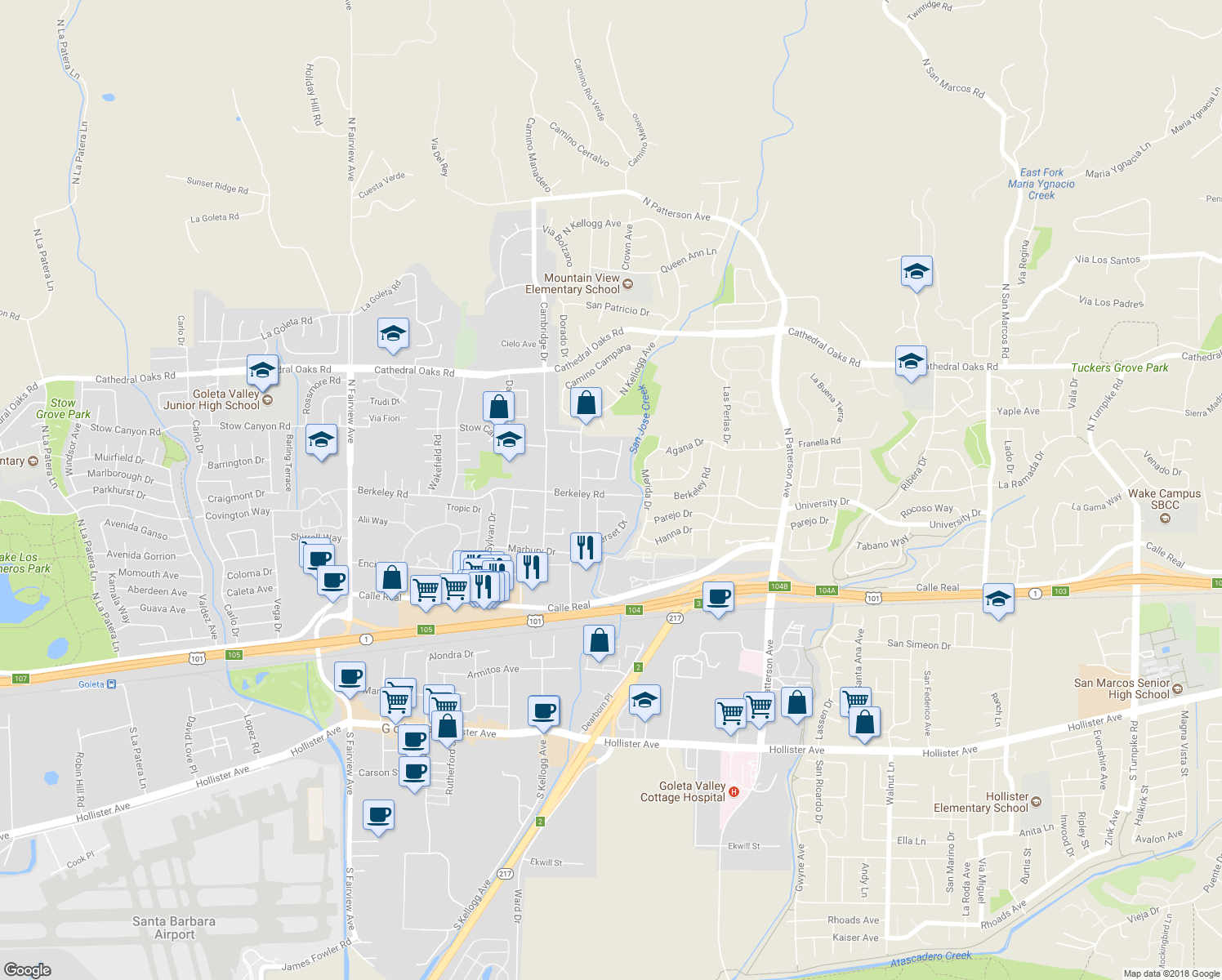 map of restaurants, bars, coffee shops, grocery stores, and more near 5546 Berkeley Road in Goleta