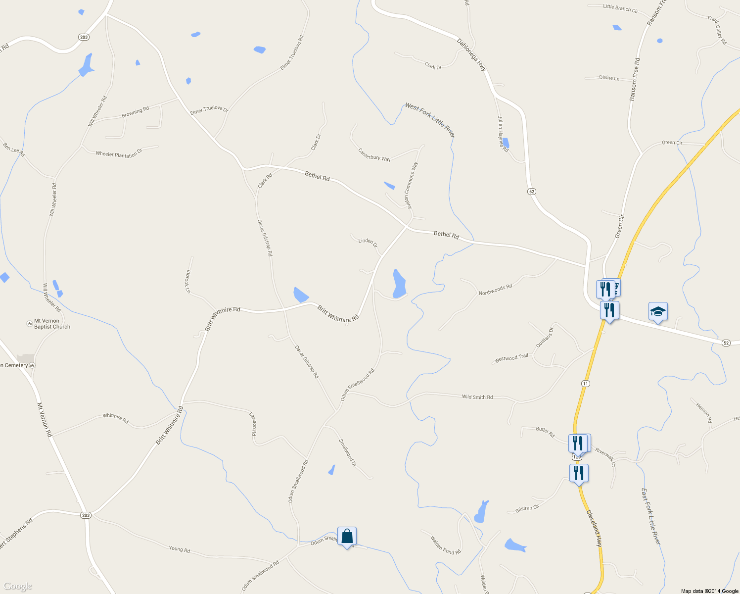 map of restaurants, bars, coffee shops, grocery stores, and more near 5534 Britt Whitmire Rd in Gainesville