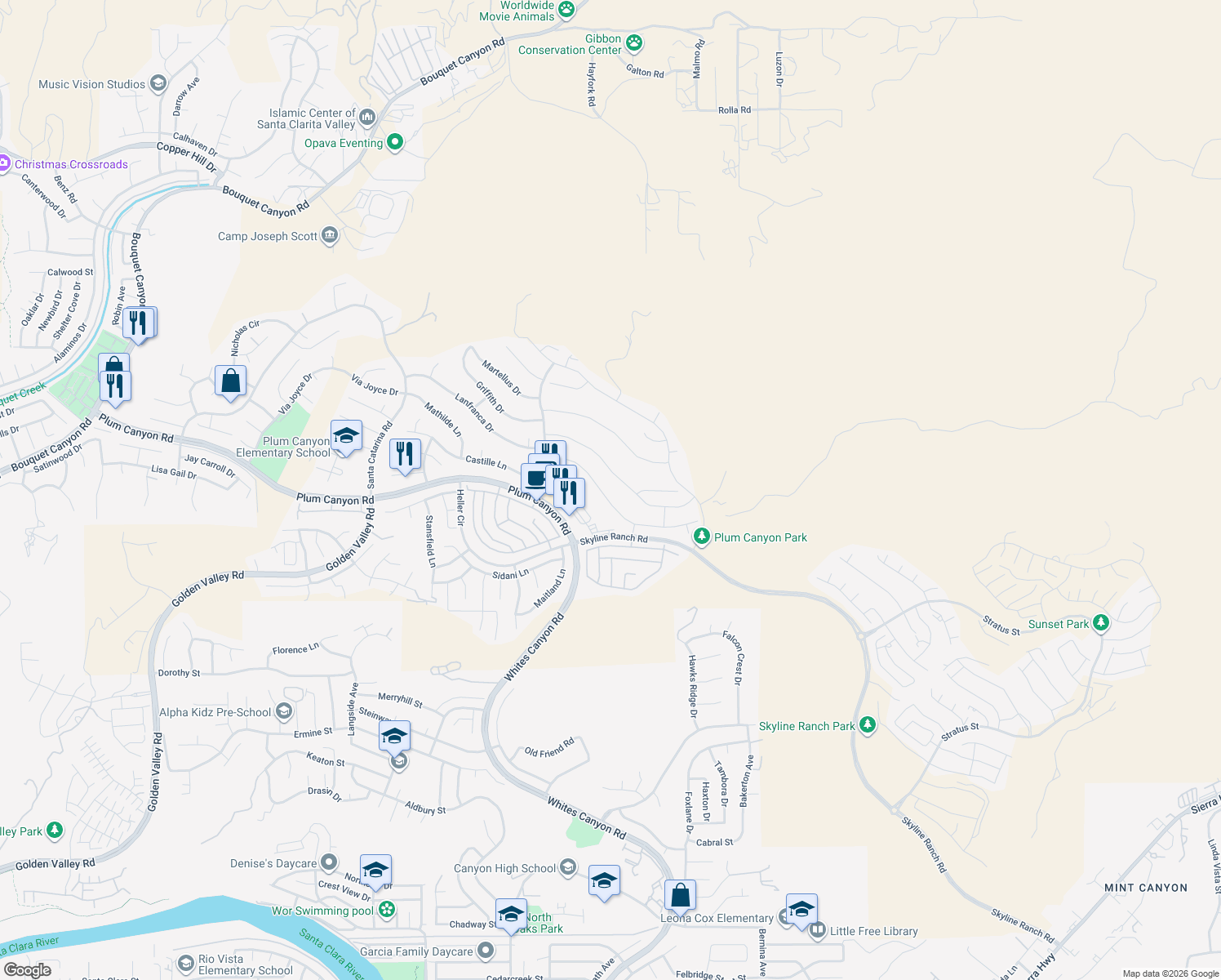 map of restaurants, bars, coffee shops, grocery stores, and more near 19173 Lauren Lane in Santa Clarita