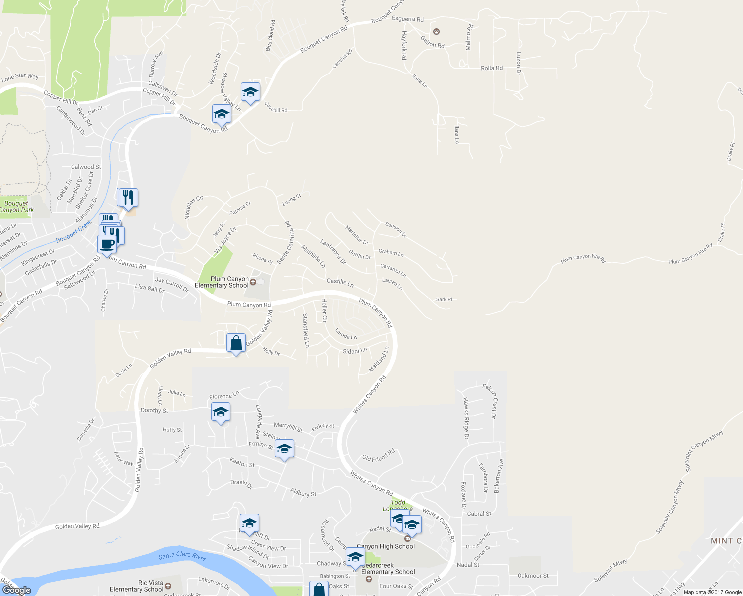 map of restaurants, bars, coffee shops, grocery stores, and more near 19402 Castille Lane in Santa Clarita