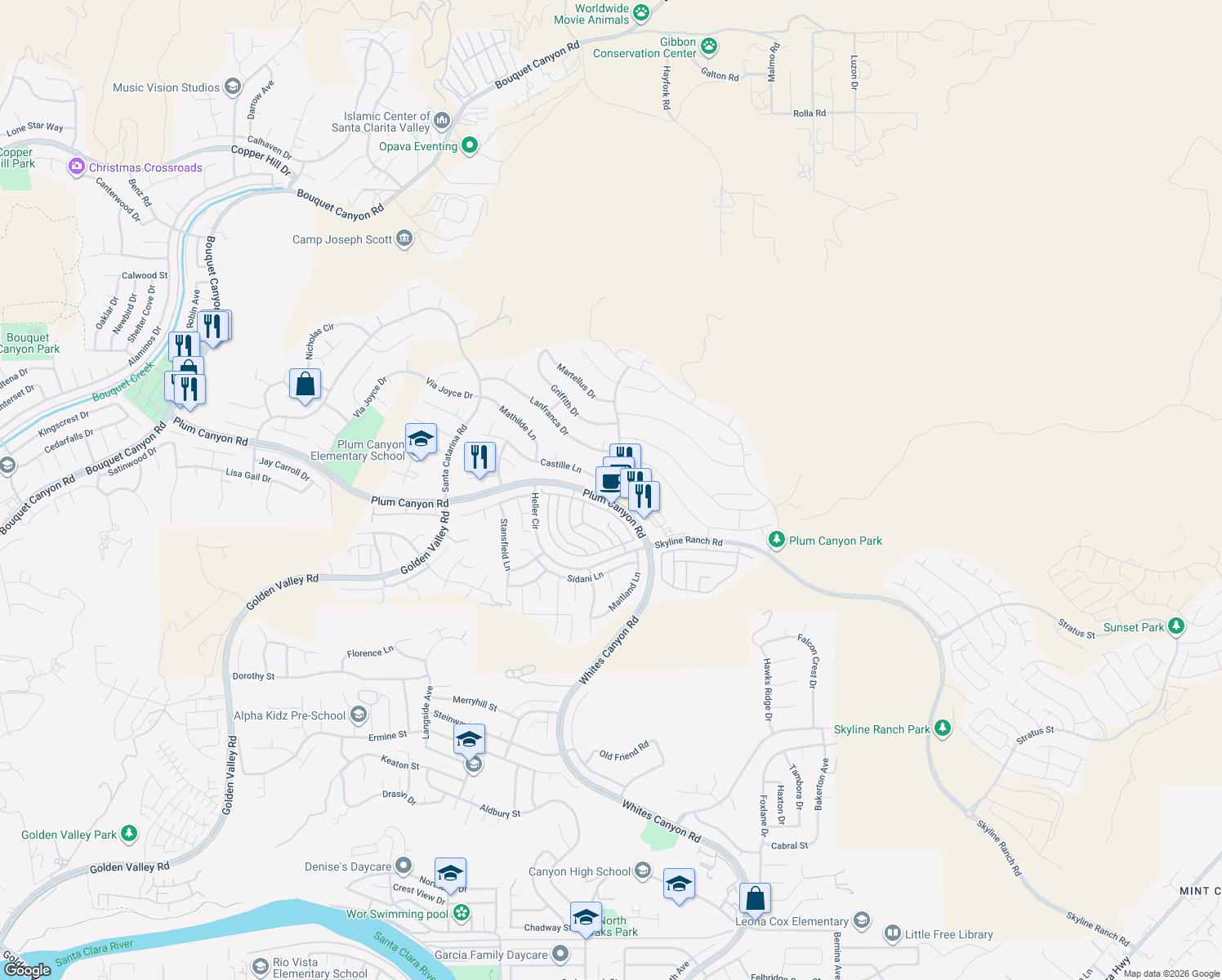 map of restaurants, bars, coffee shops, grocery stores, and more near 19402 Castille Lane in Santa Clarita