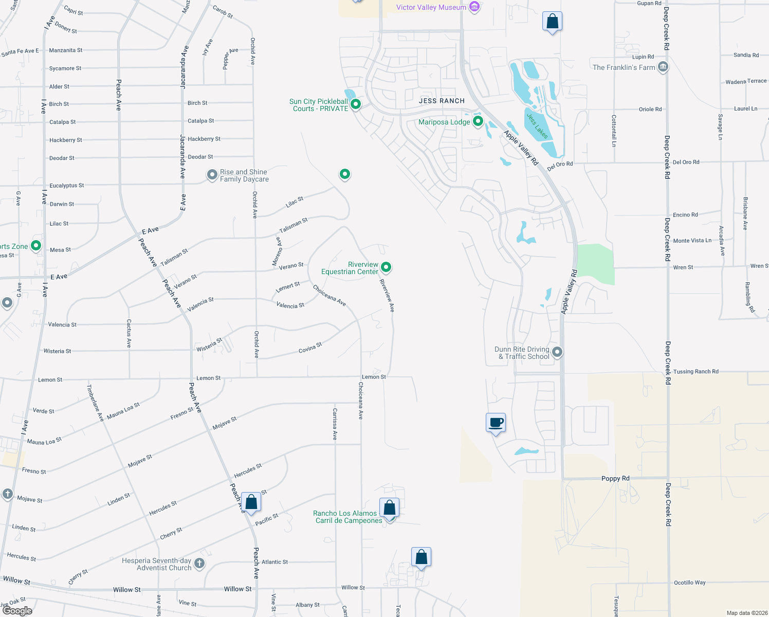 map of restaurants, bars, coffee shops, grocery stores, and more near 19000 Covina Street in Hesperia
