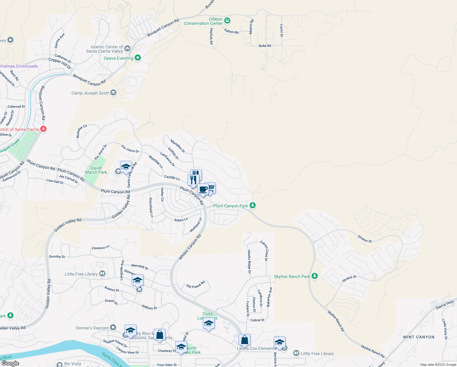 map of restaurants, bars, coffee shops, grocery stores, and more near 19104 Graham Lane in Santa Clarita