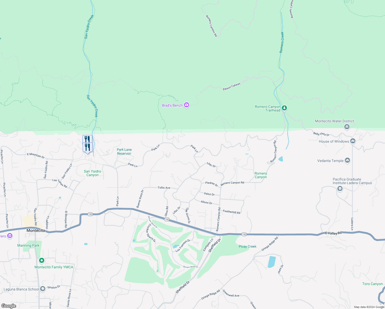 map of restaurants, bars, coffee shops, grocery stores, and more near 975 Mariposa Lane in Montecito