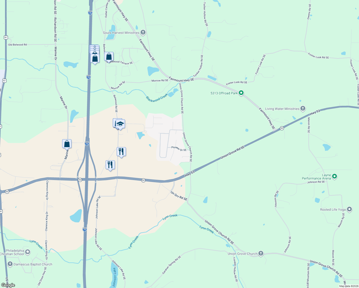 map of restaurants, bars, coffee shops, grocery stores, and more near 137 Dempsey Drive Southeast in Calhoun