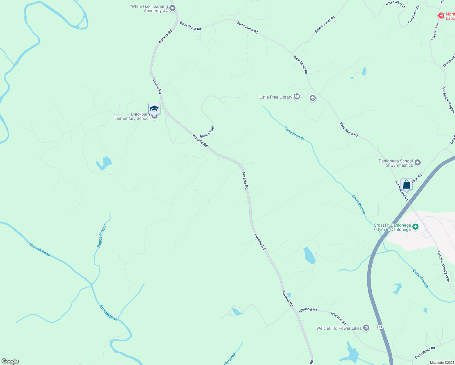 map of restaurants, bars, coffee shops, grocery stores, and more near 157 Rosewood Drive in Dawsonville