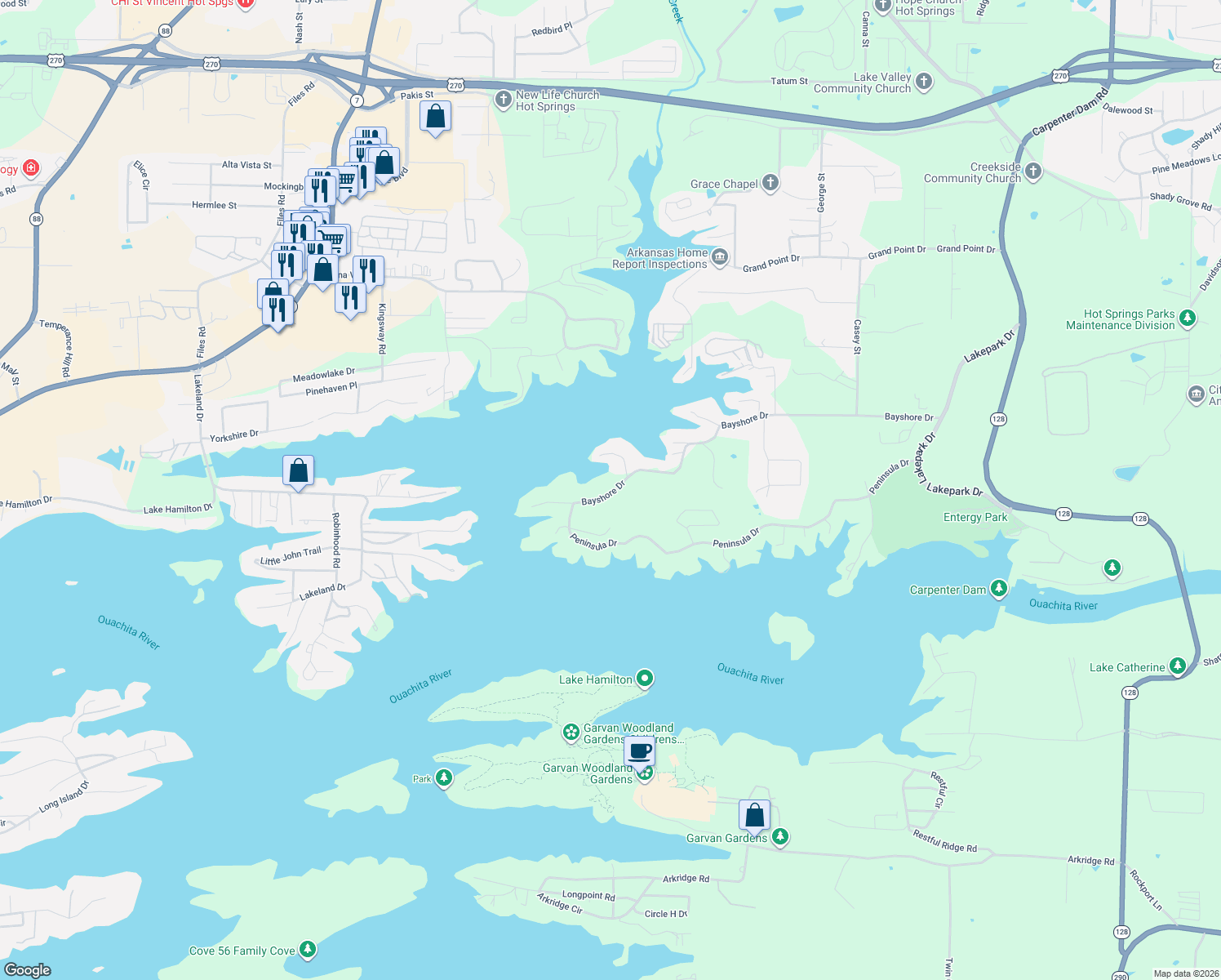 map of restaurants, bars, coffee shops, grocery stores, and more near 630 Bayshore Drive in Hot Springs
