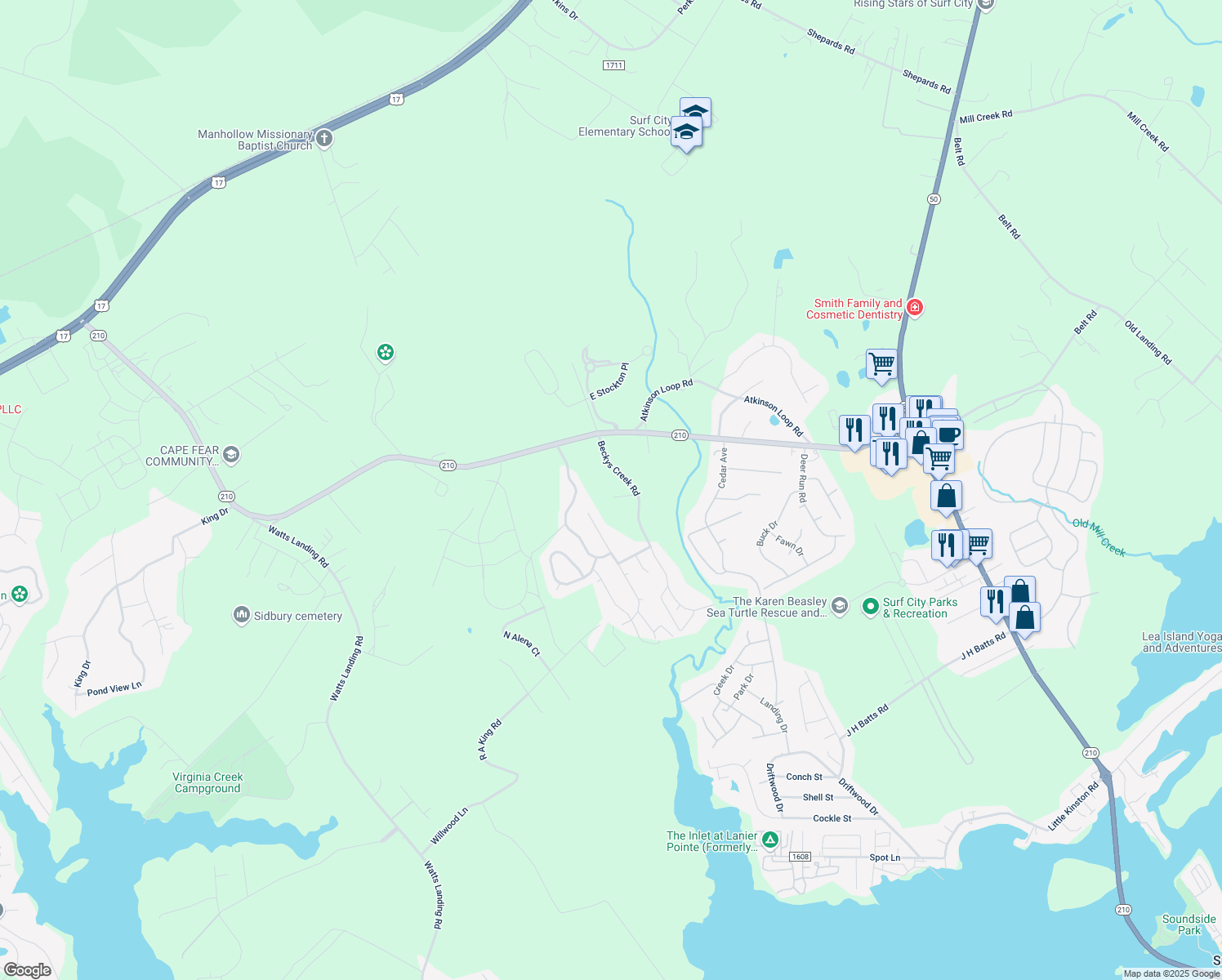 map of restaurants, bars, coffee shops, grocery stores, and more near 214 Beckys Creek Rd in Hampstead