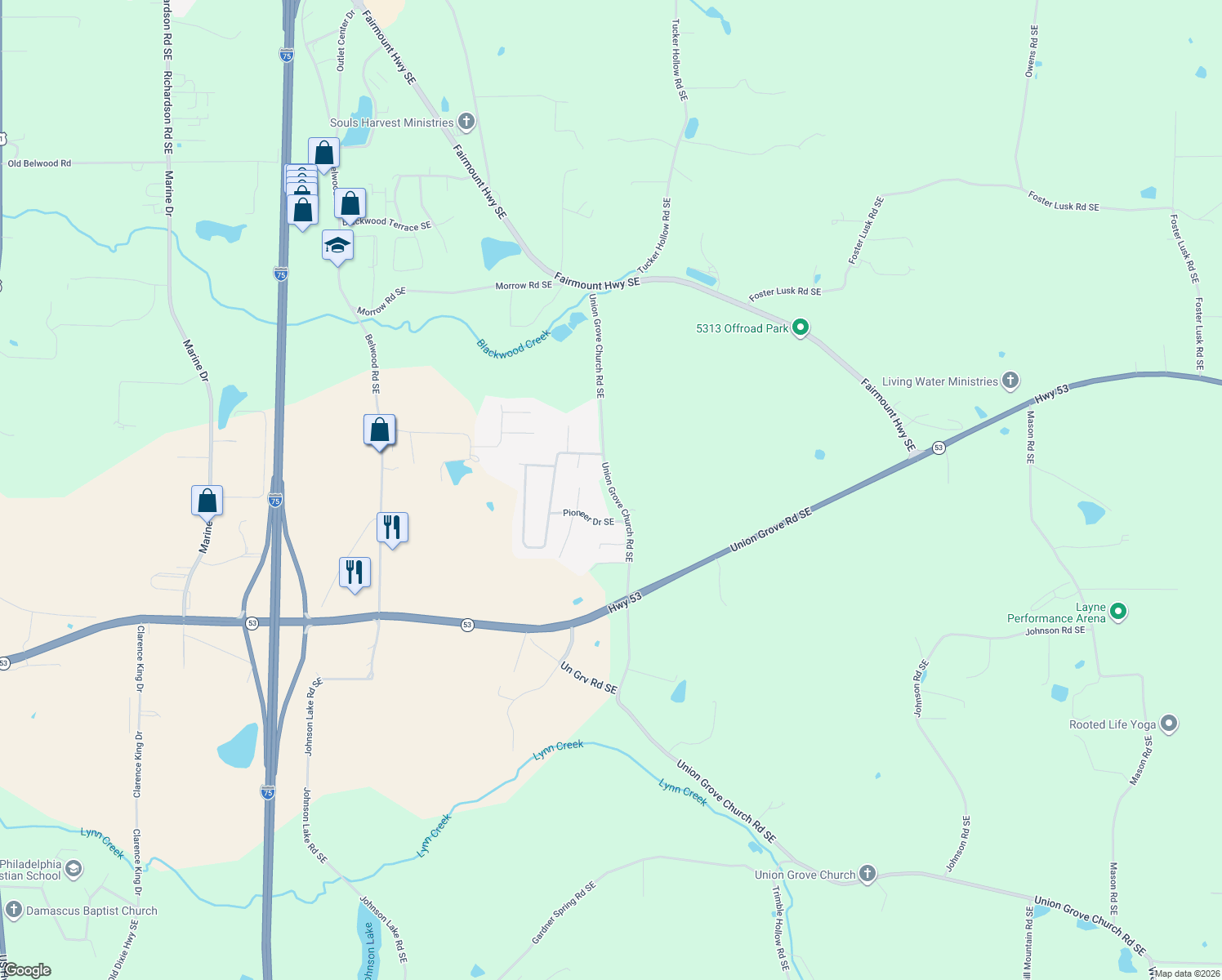 map of restaurants, bars, coffee shops, grocery stores, and more near 137 Dempsey Drive Southeast in Calhoun