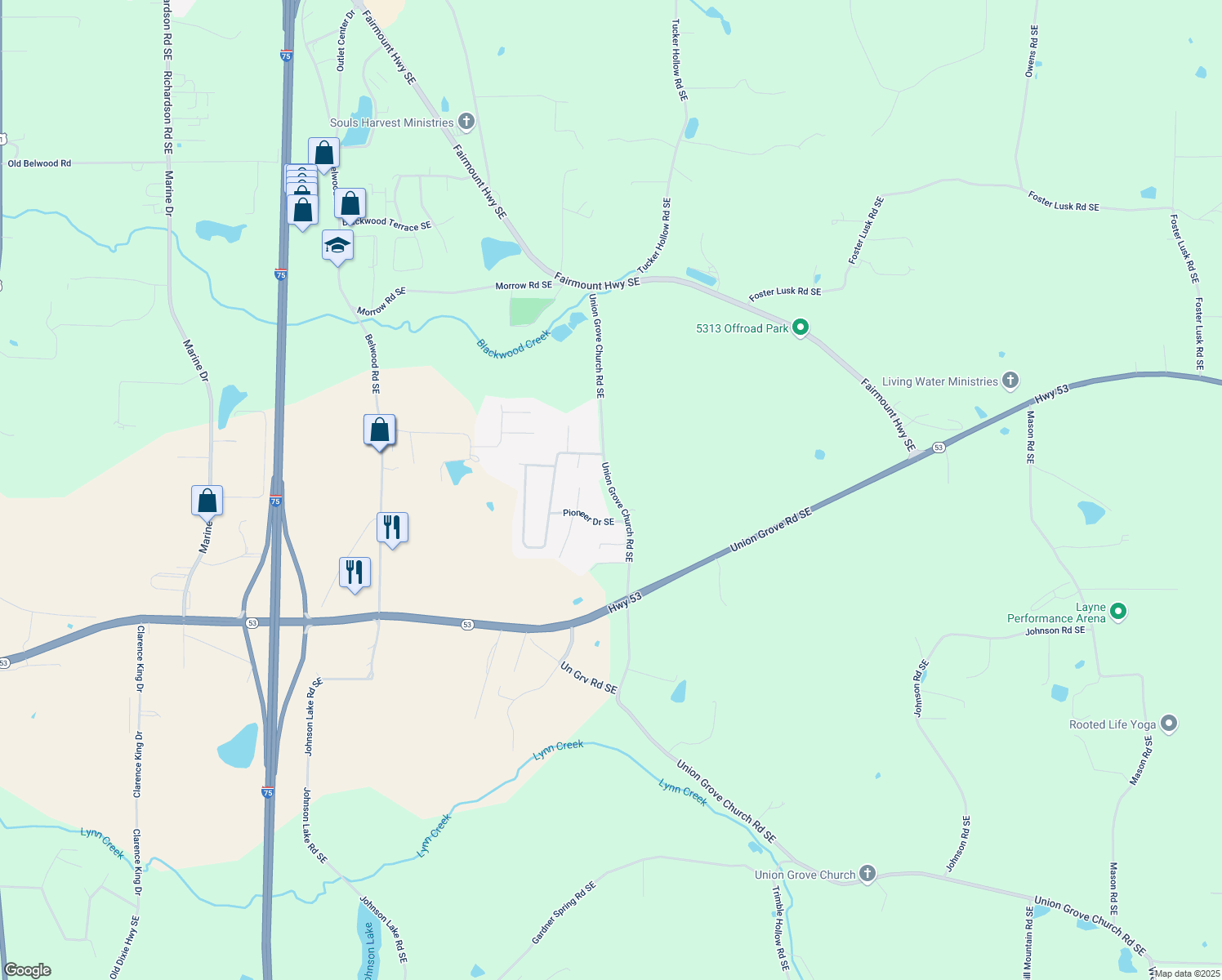map of restaurants, bars, coffee shops, grocery stores, and more near Union Grove Church Road Southeast in Gordon County
