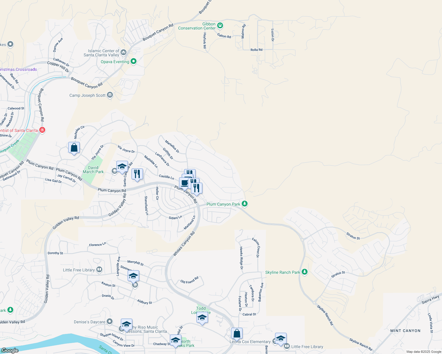 map of restaurants, bars, coffee shops, grocery stores, and more near 19104 Graham Lane in Santa Clarita
