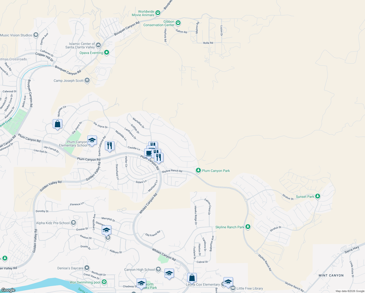 map of restaurants, bars, coffee shops, grocery stores, and more near 19033 Graham Lane in Santa Clarita