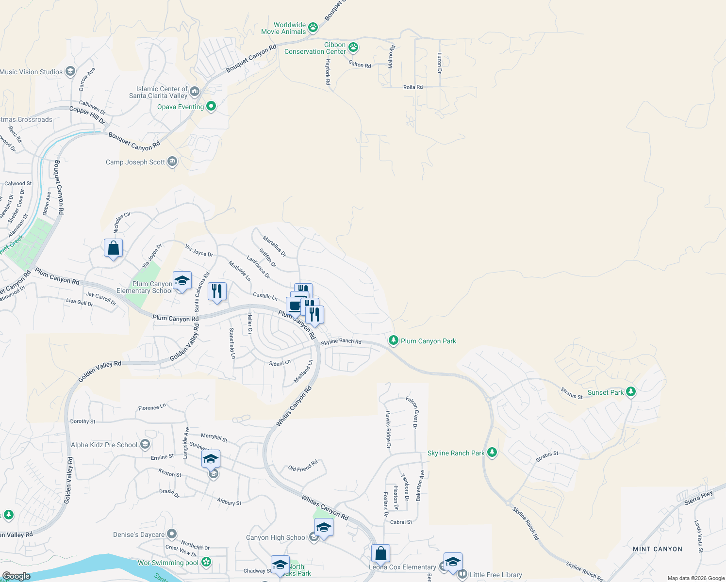 map of restaurants, bars, coffee shops, grocery stores, and more near 19033 Graham Lane in Santa Clarita