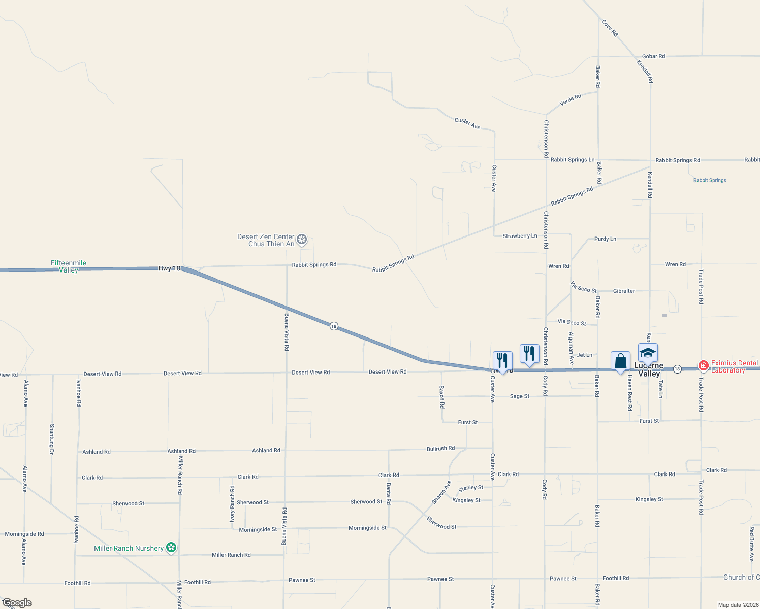 map of restaurants, bars, coffee shops, grocery stores, and more near Rabbit Springs Road in Lucerne Valley