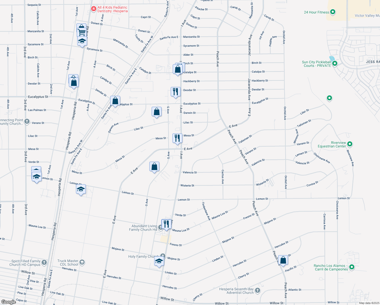 map of restaurants, bars, coffee shops, grocery stores, and more near 10903 E Avenue in Hesperia