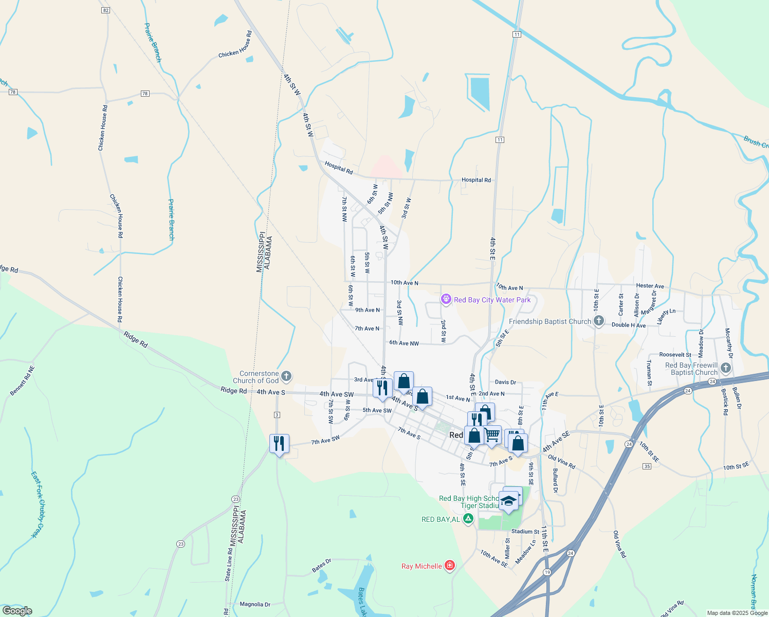 map of restaurants, bars, coffee shops, grocery stores, and more near 701 4th Street West in Red Bay