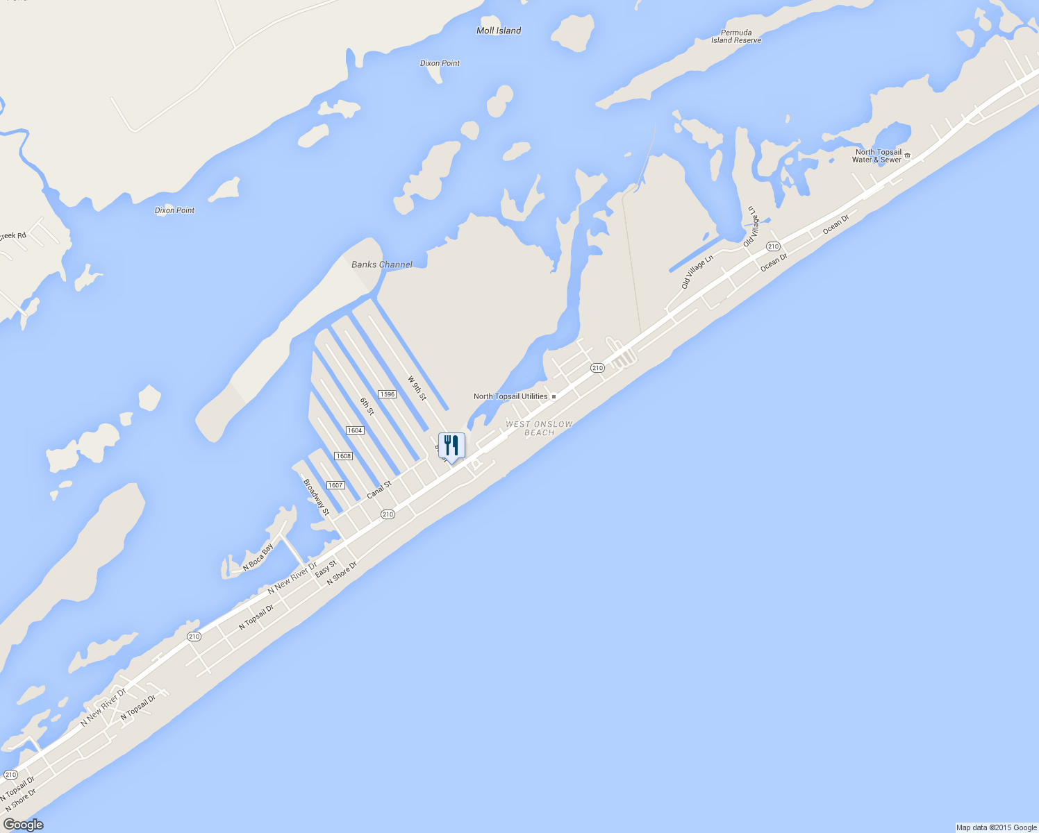 map of restaurants, bars, coffee shops, grocery stores, and more near 1316 Trout Street in North Topsail Beach