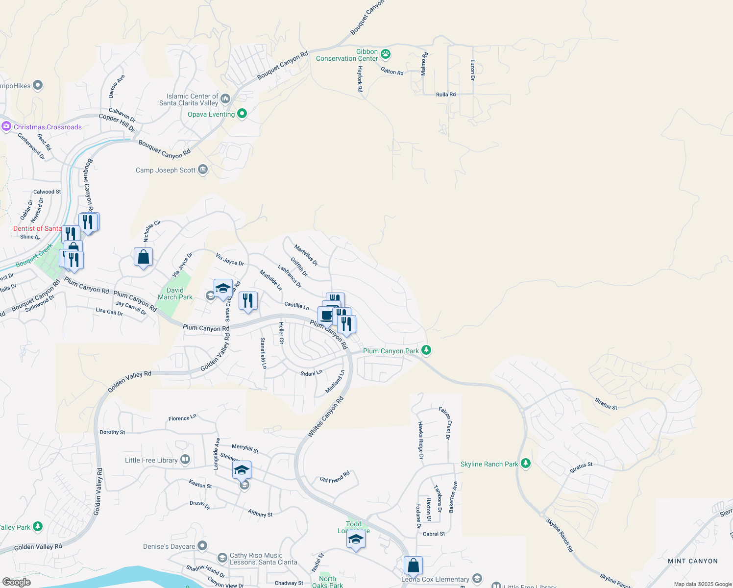 map of restaurants, bars, coffee shops, grocery stores, and more near 19220 Graham Lane in Santa Clarita