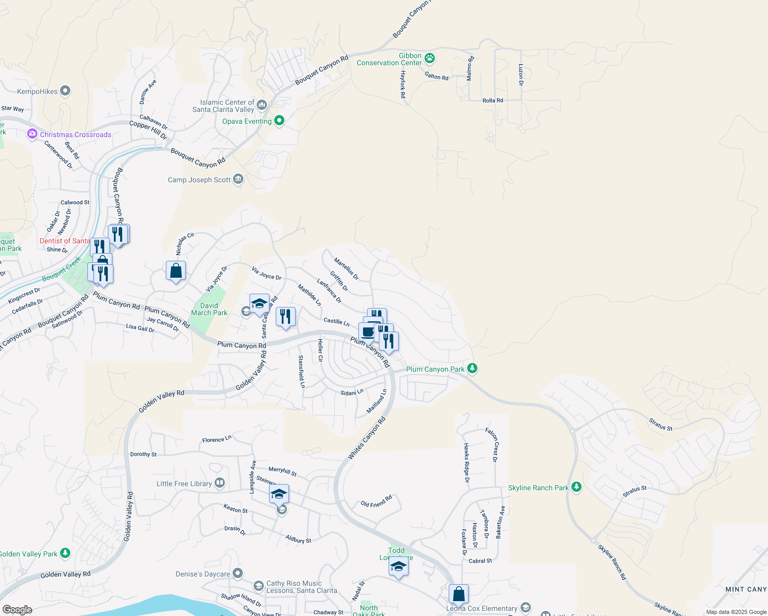 map of restaurants, bars, coffee shops, grocery stores, and more near 19307 Carranza Lane in Santa Clarita
