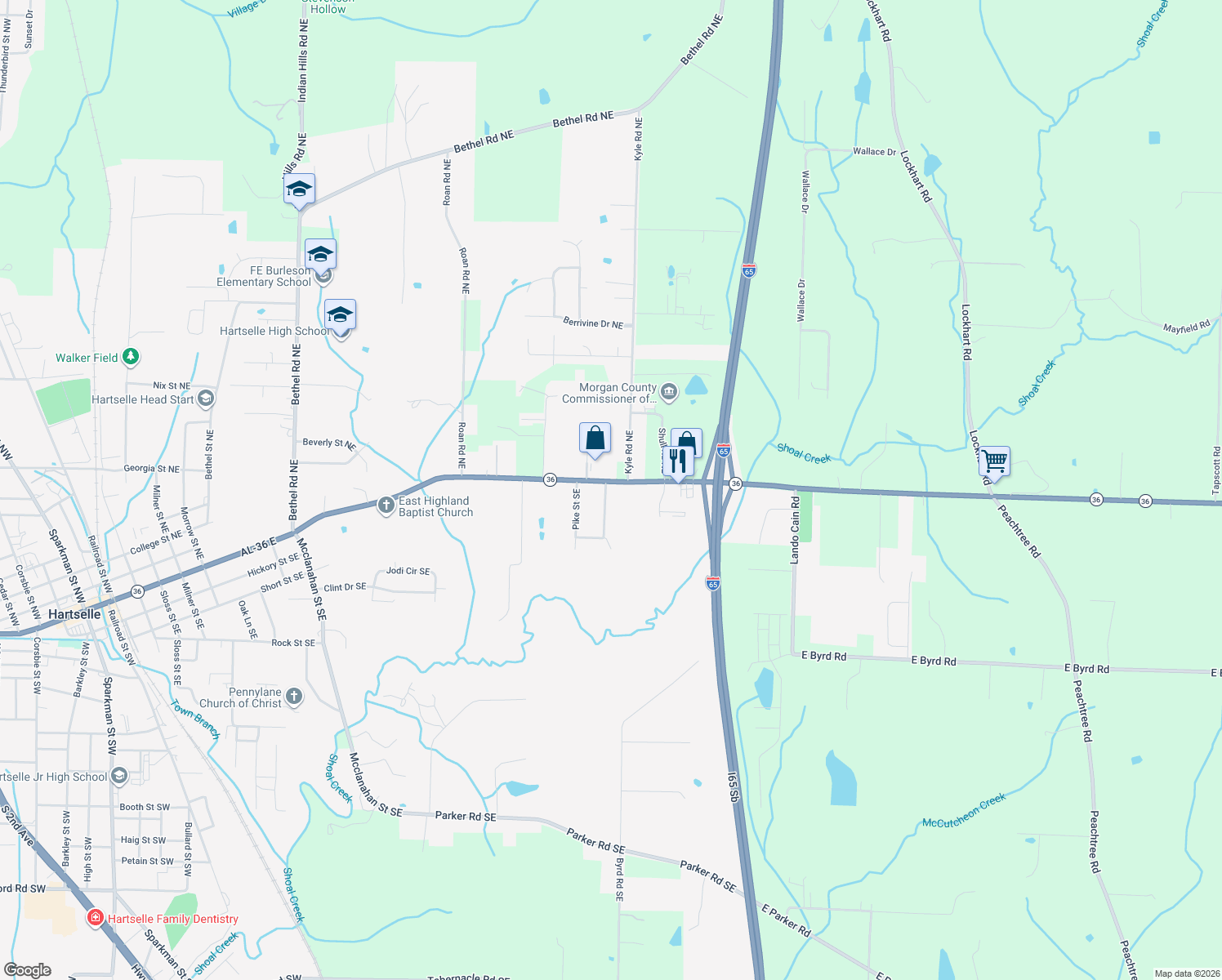 map of restaurants, bars, coffee shops, grocery stores, and more near 1600 Main Street East in Hartselle