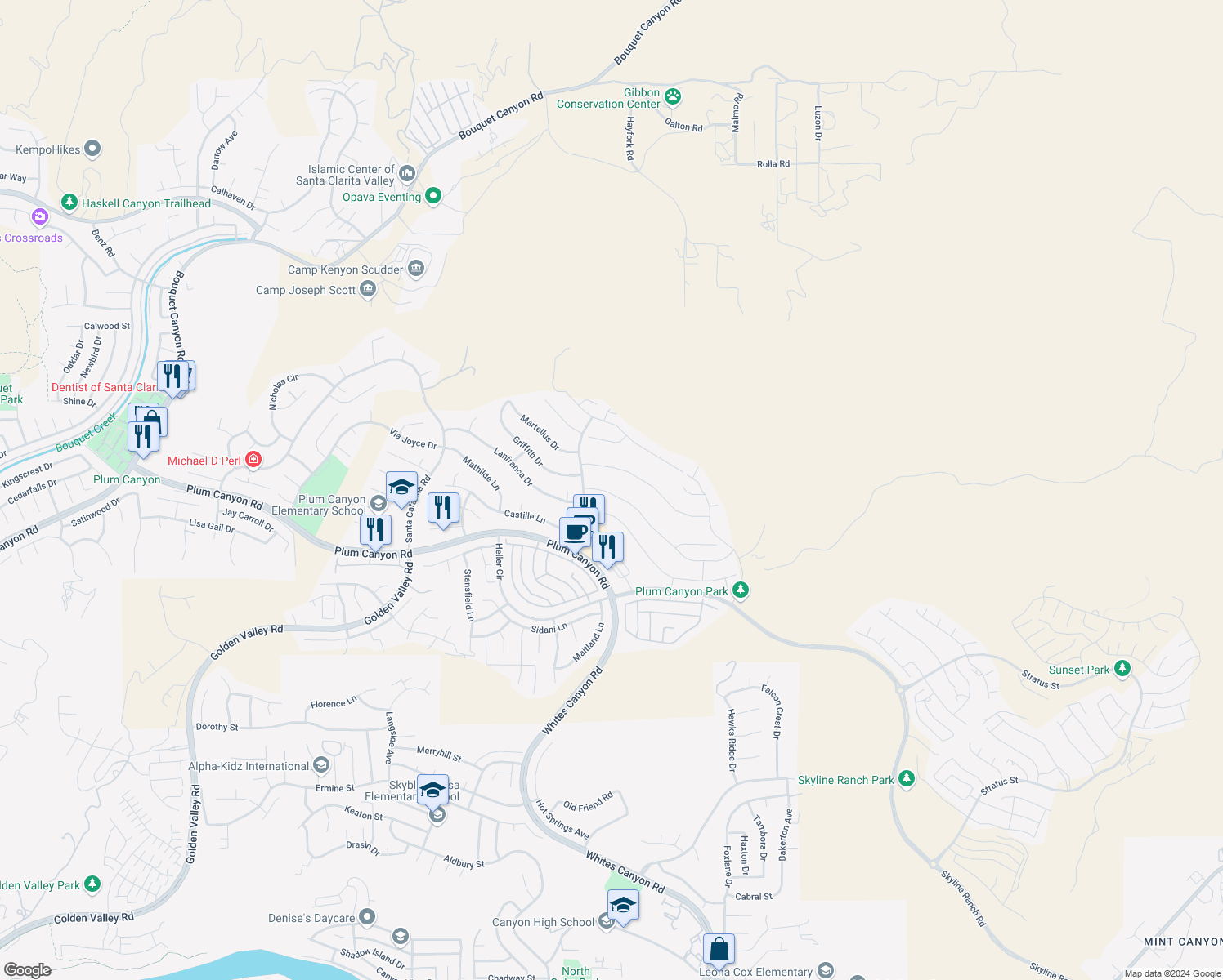 map of restaurants, bars, coffee shops, grocery stores, and more near 19307 Carranza Lane in Santa Clarita