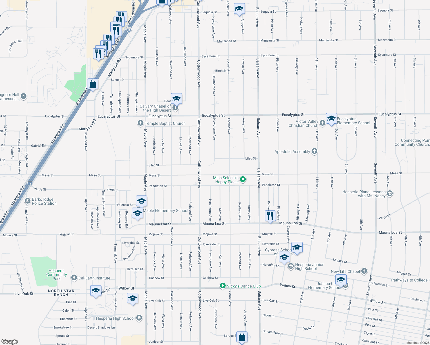 map of restaurants, bars, coffee shops, grocery stores, and more near 15010 Mesa Street in Hesperia