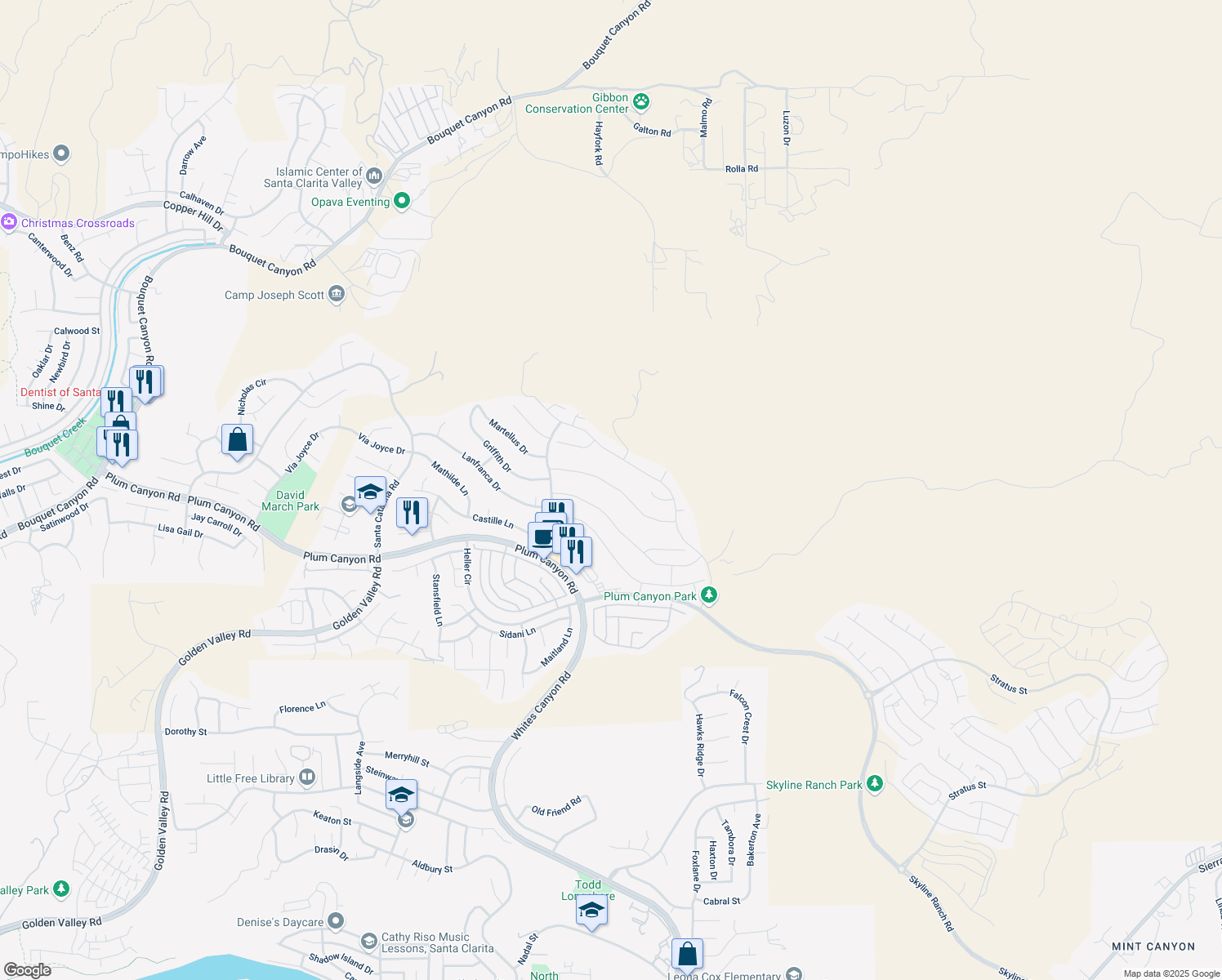 map of restaurants, bars, coffee shops, grocery stores, and more near 19220 Graham Lane in Santa Clarita