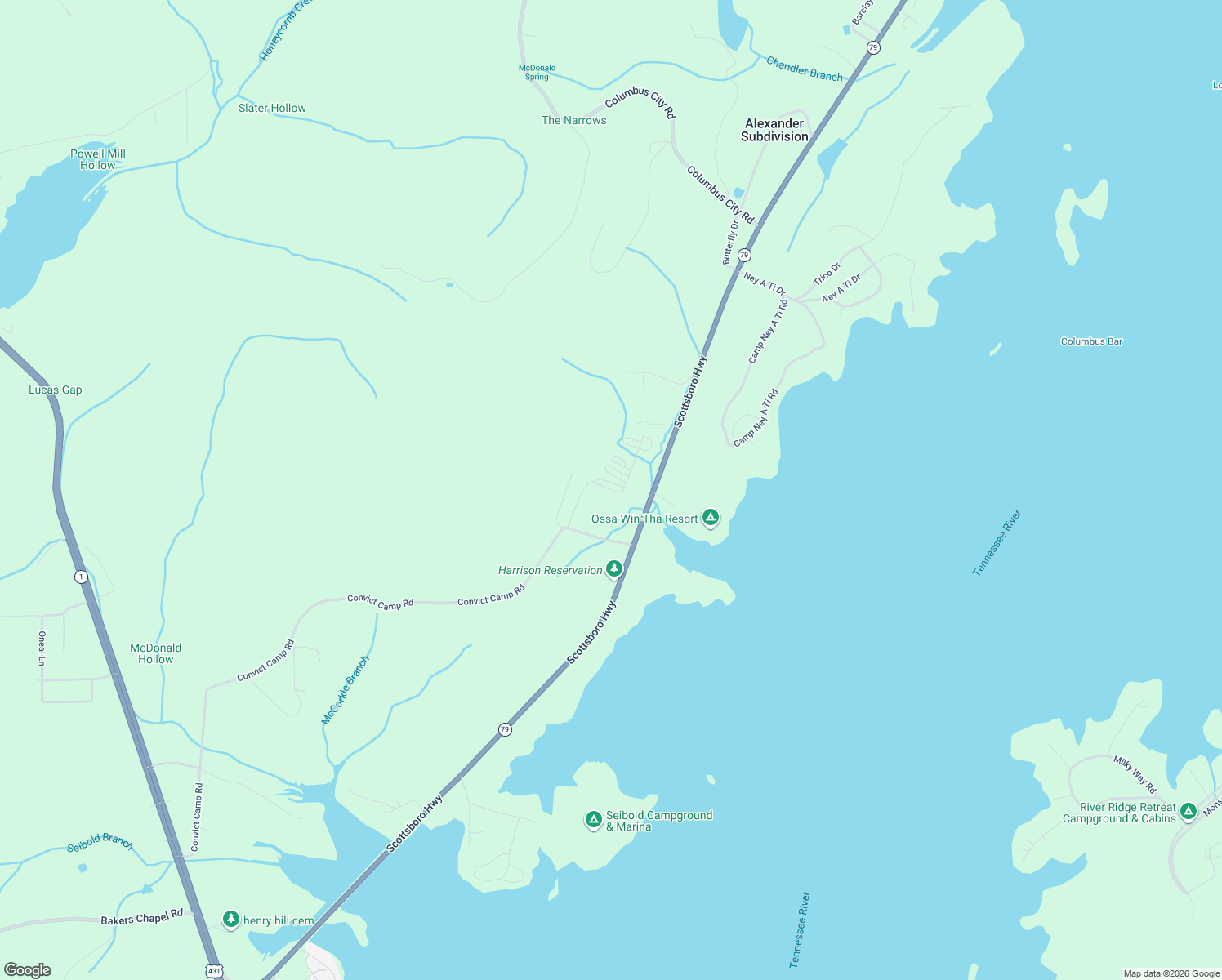 map of restaurants, bars, coffee shops, grocery stores, and more near 6 Convict Camp Road in Guntersville