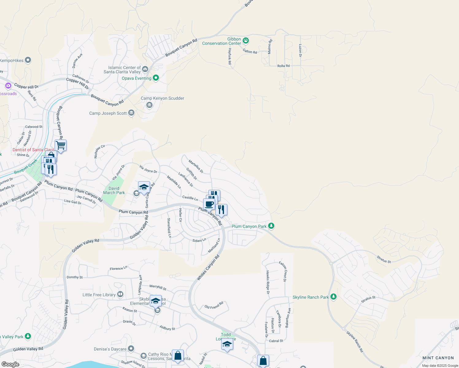 map of restaurants, bars, coffee shops, grocery stores, and more near 19244 Graham Lane in Santa Clarita
