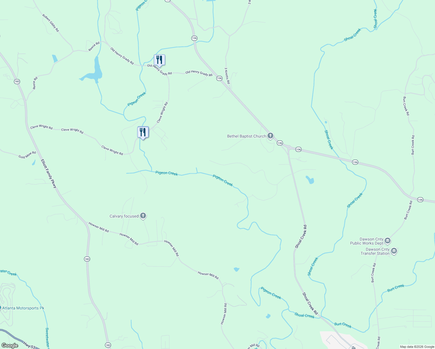 map of restaurants, bars, coffee shops, grocery stores, and more near 681 Pigeon Creek Drive in Dawsonville