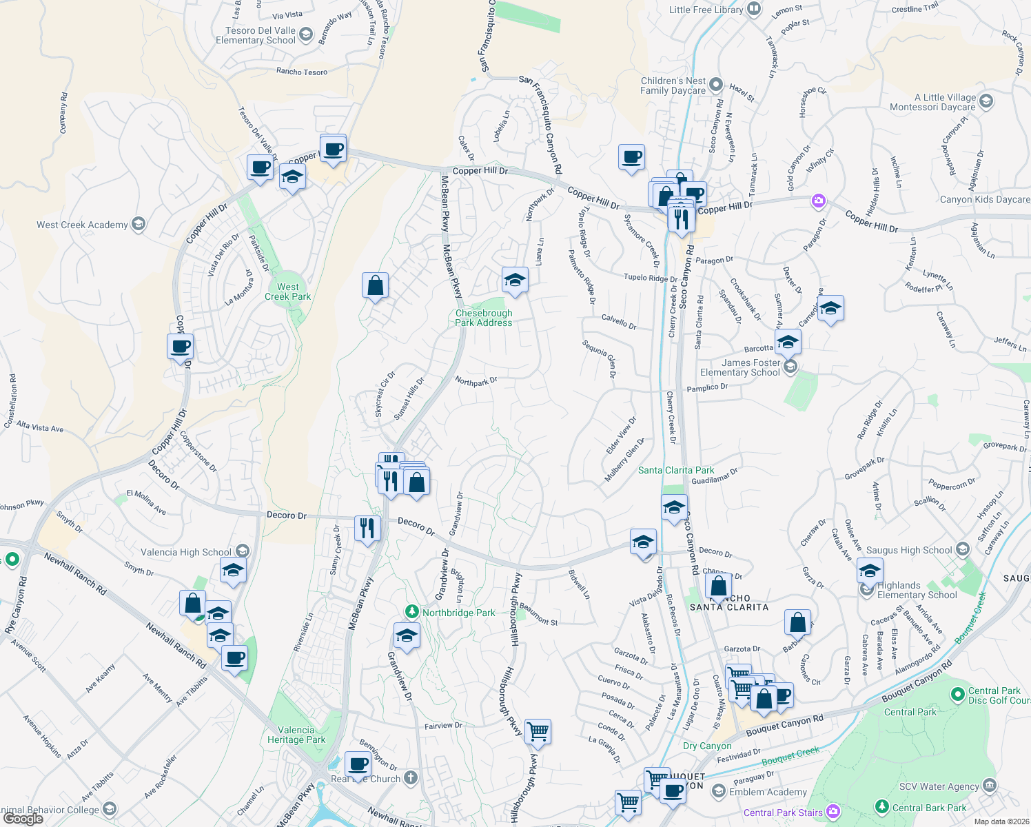 map of restaurants, bars, coffee shops, grocery stores, and more near 27718 Heartwood Court in Santa Clarita