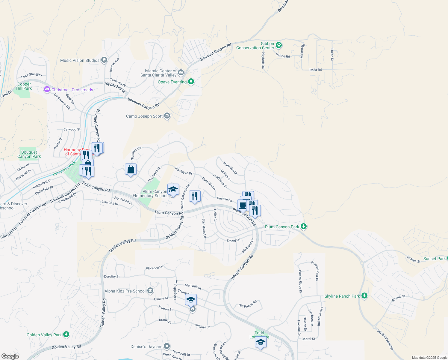 map of restaurants, bars, coffee shops, grocery stores, and more near 19614 Griffith Drive in Santa Clarita
