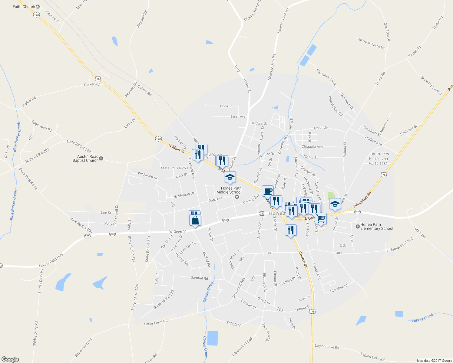 map of restaurants, bars, coffee shops, grocery stores, and more near 8 Brock Avenue in Honea Path