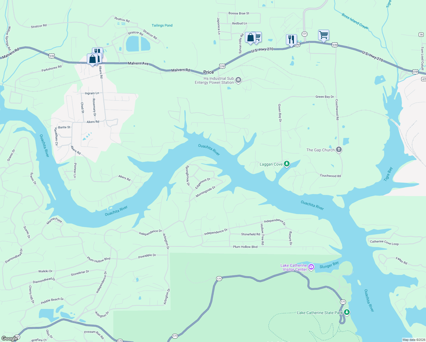map of restaurants, bars, coffee shops, grocery stores, and more near 253 Springbrook Drive in Garland County