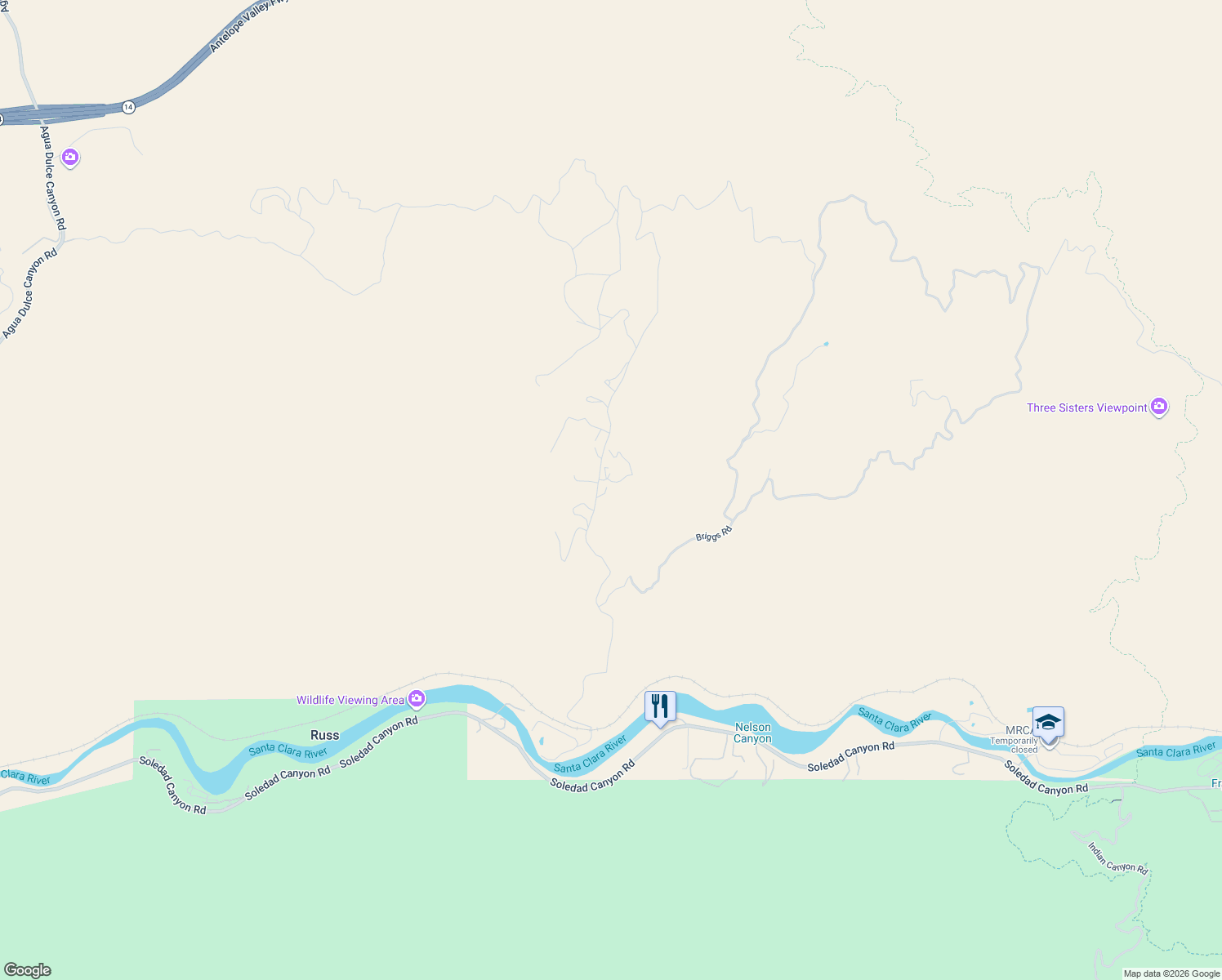 map of restaurants, bars, coffee shops, grocery stores, and more near 30058 Briggs Road in Agua Dulce