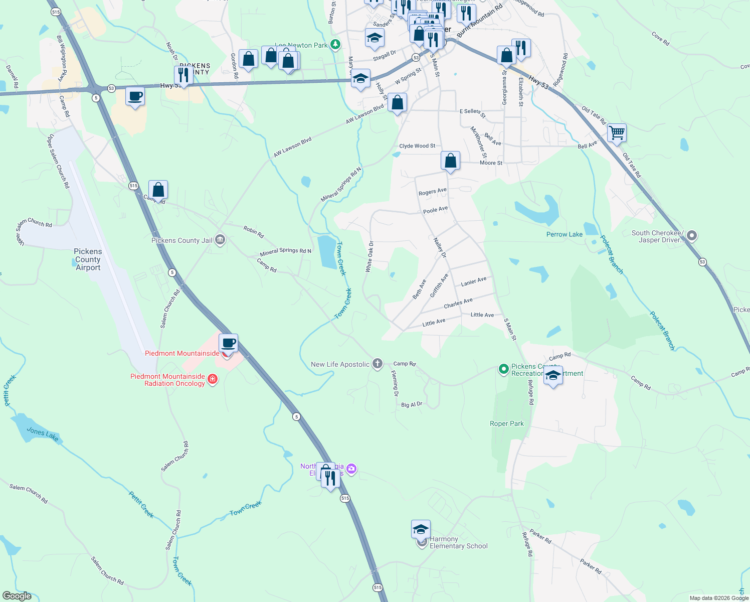 map of restaurants, bars, coffee shops, grocery stores, and more near 70 Sweet Gum Circle in Jasper