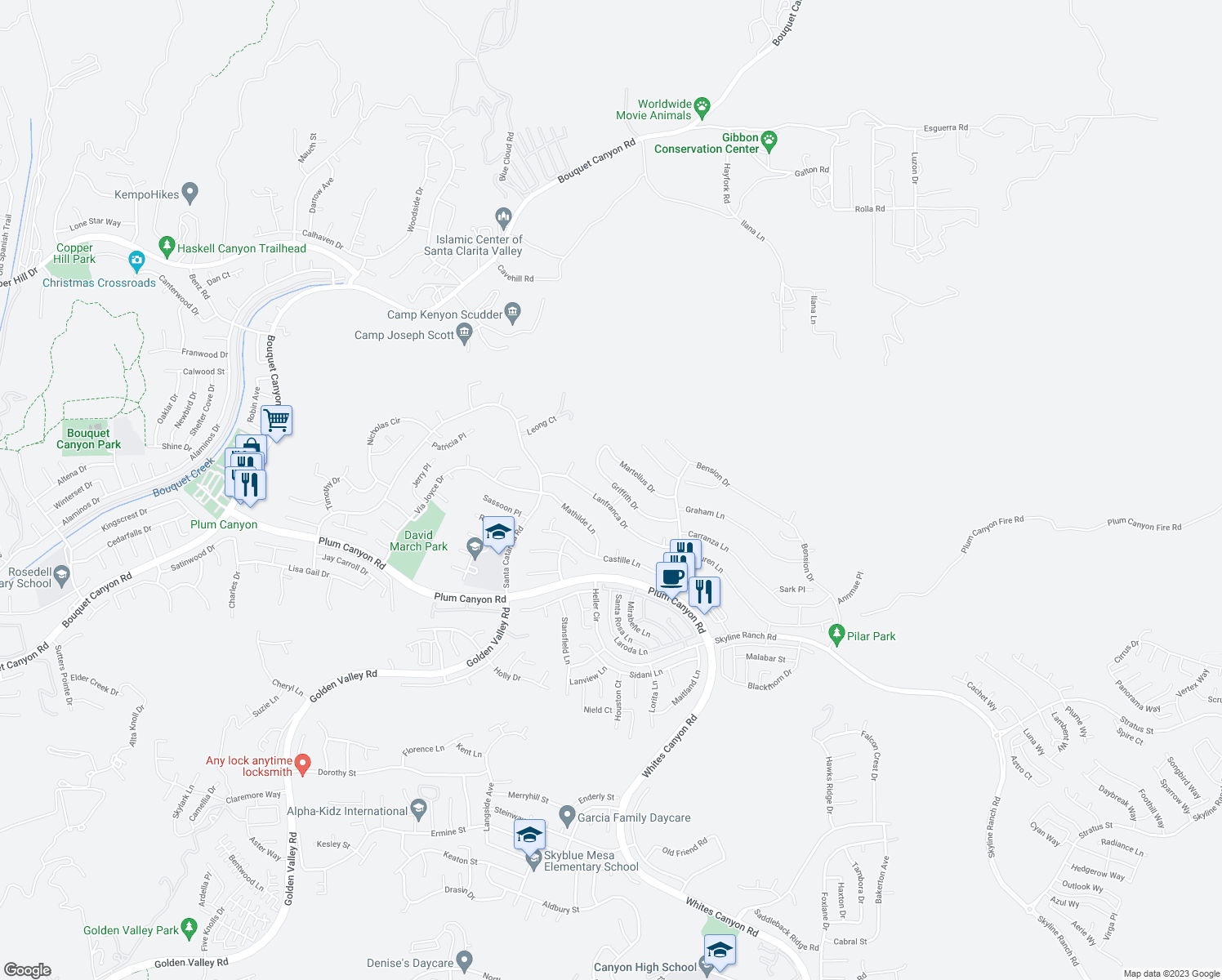 map of restaurants, bars, coffee shops, grocery stores, and more near 19614 Griffith Drive in Santa Clarita