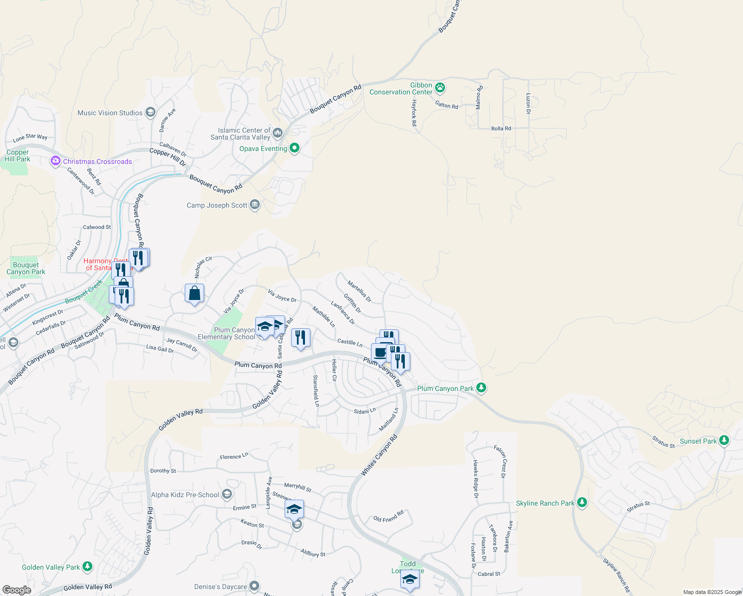 map of restaurants, bars, coffee shops, grocery stores, and more near 19539 Martellus Drive in Santa Clarita
