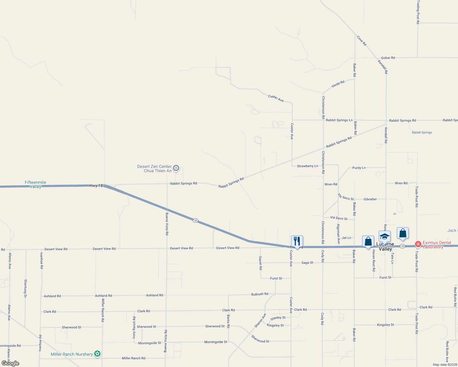 map of restaurants, bars, coffee shops, grocery stores, and more near 30776 Rabbit Springs Road in Lucerne Valley