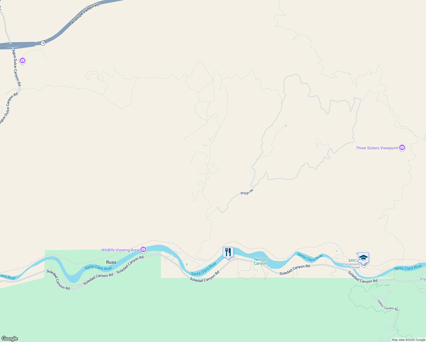 map of restaurants, bars, coffee shops, grocery stores, and more near 30058 Briggs Road in Agua Dulce