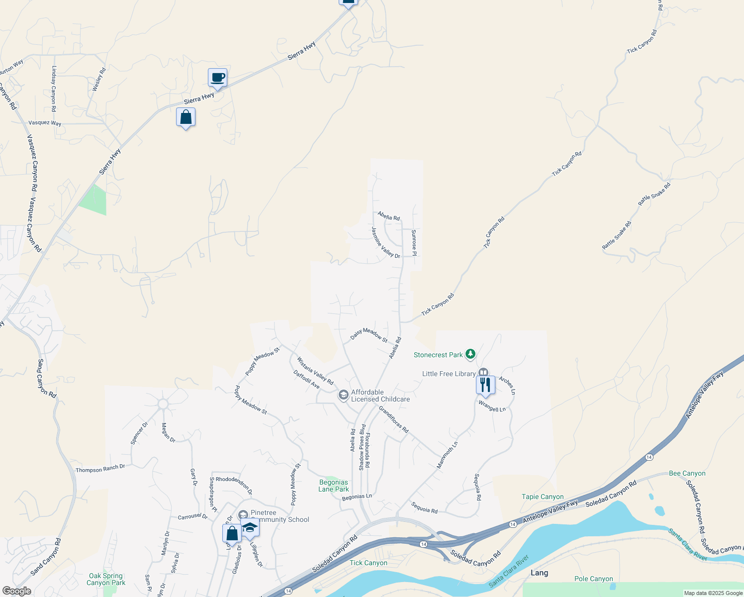 map of restaurants, bars, coffee shops, grocery stores, and more near Dahlia Ridge Drive in Santa Clarita